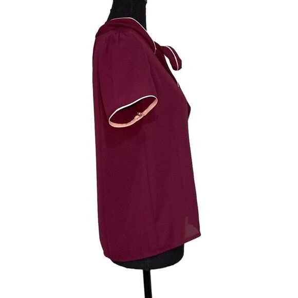 Wine Red and Pink Short Sleeved Blouse with Neck-Tie from Forever 21 - Picture 4 of 6